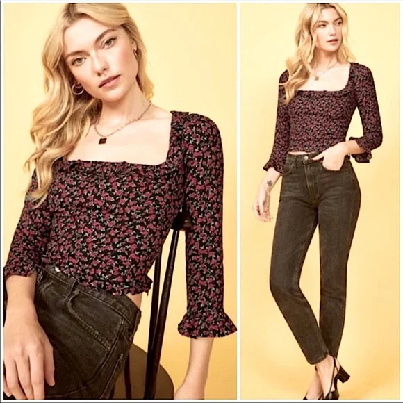 REFORMATION Barb Top in Mabel Black Rose Floral Print - Picture 1 of 11